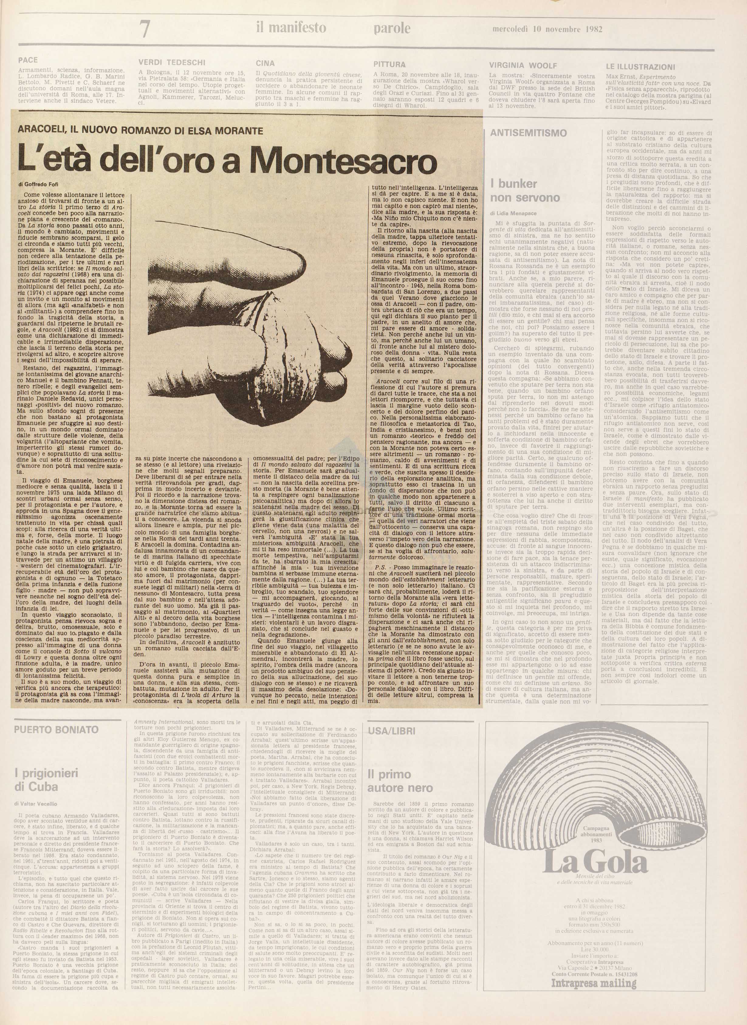 articolo critico di Goffredo Fofi sul romanzo Aracoeli di Elsa Morante