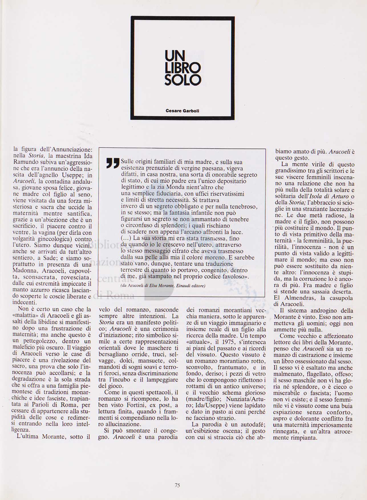 articolo critico di Grazia Cherchi sul romanzo Aracoeli di Elsa Morante pagina 1 di 2