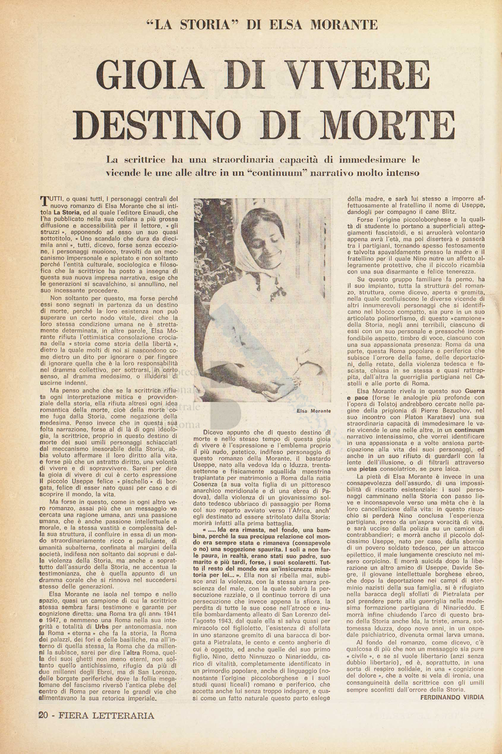 articolo critico di Ferdinando Virdia sul romanzo La Storia di Elsa Morante