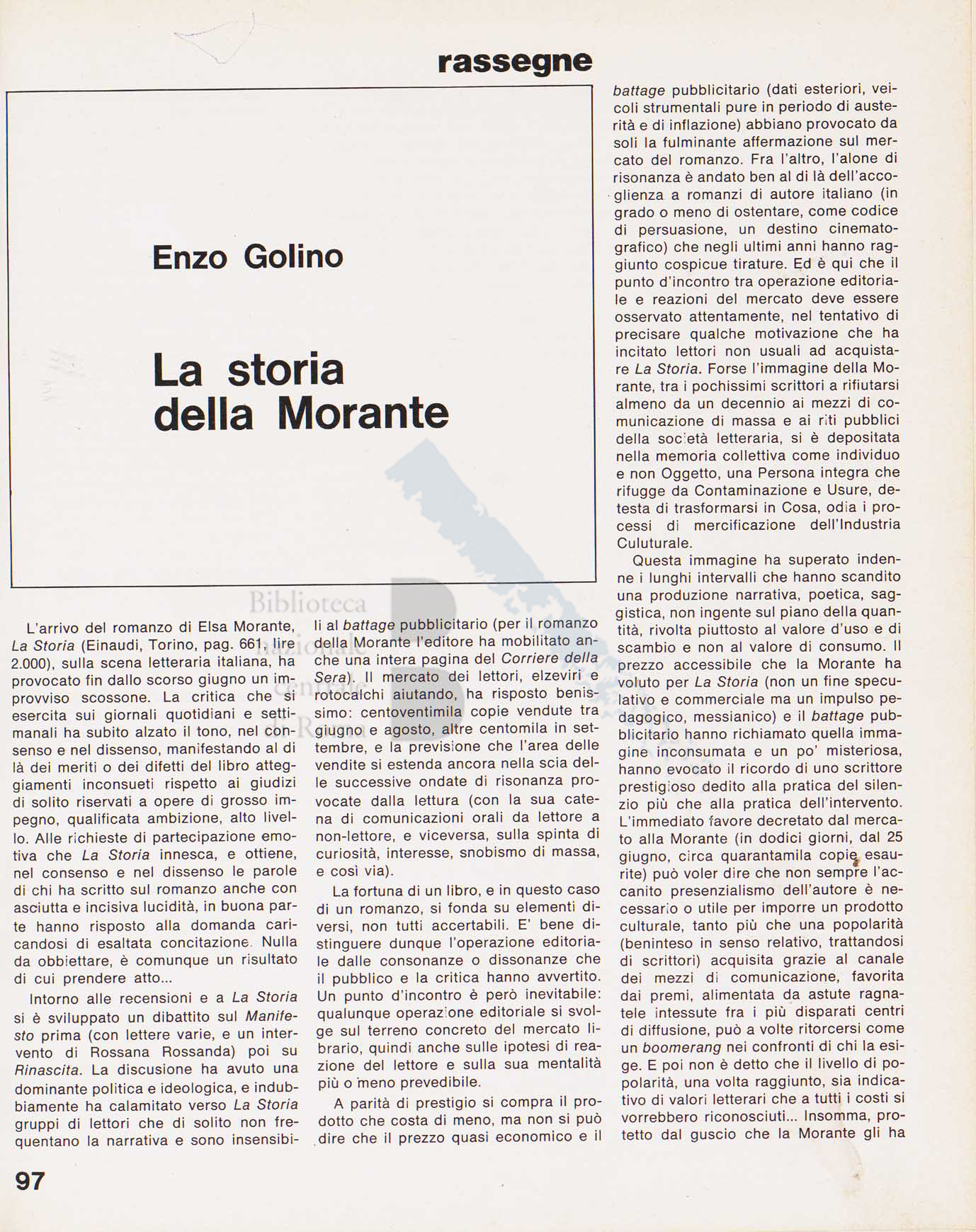 Articolo critico di Enzo Golino sul romanzo La Storia di Elsa Morante. Pagina 1 di 5