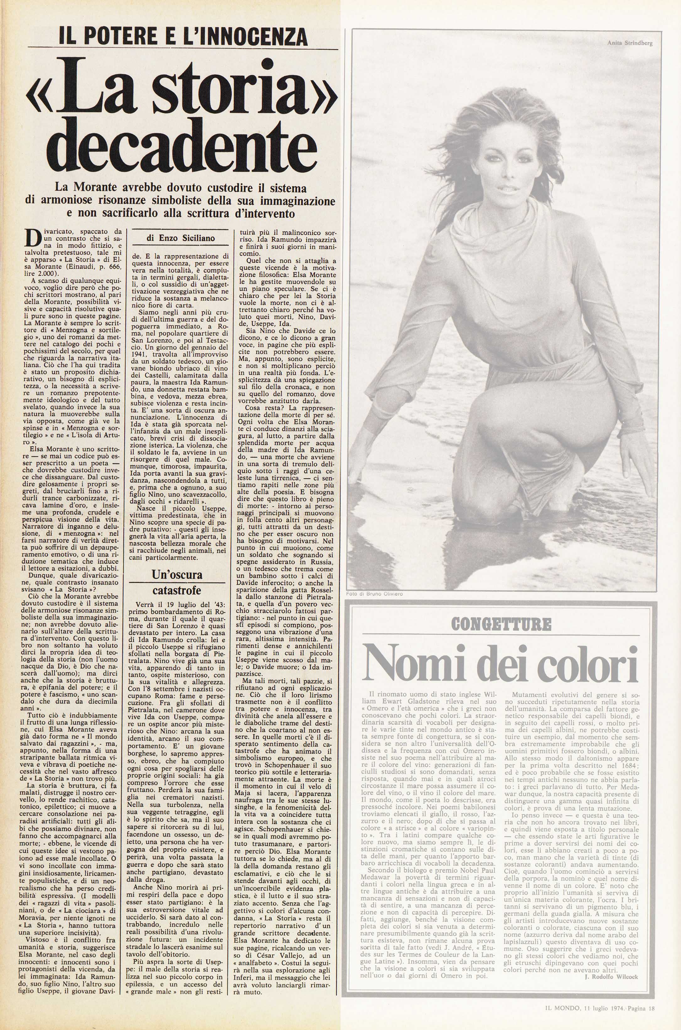 Articolo critico di Enzo Siciliano sul romanzo La Storia di Elsa Morante