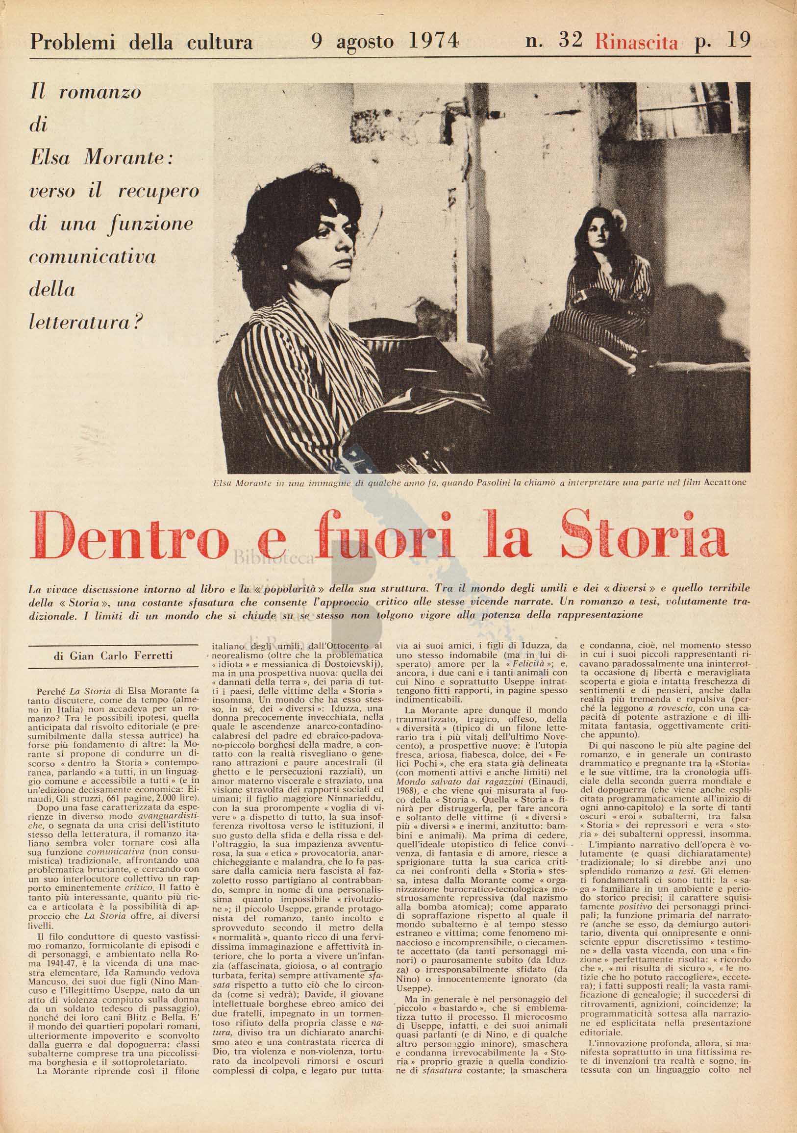 Articolo critico di Gian Carlo Ferretti sul romanzo La Storia di Elsa Morante. Pagina 1 di 2