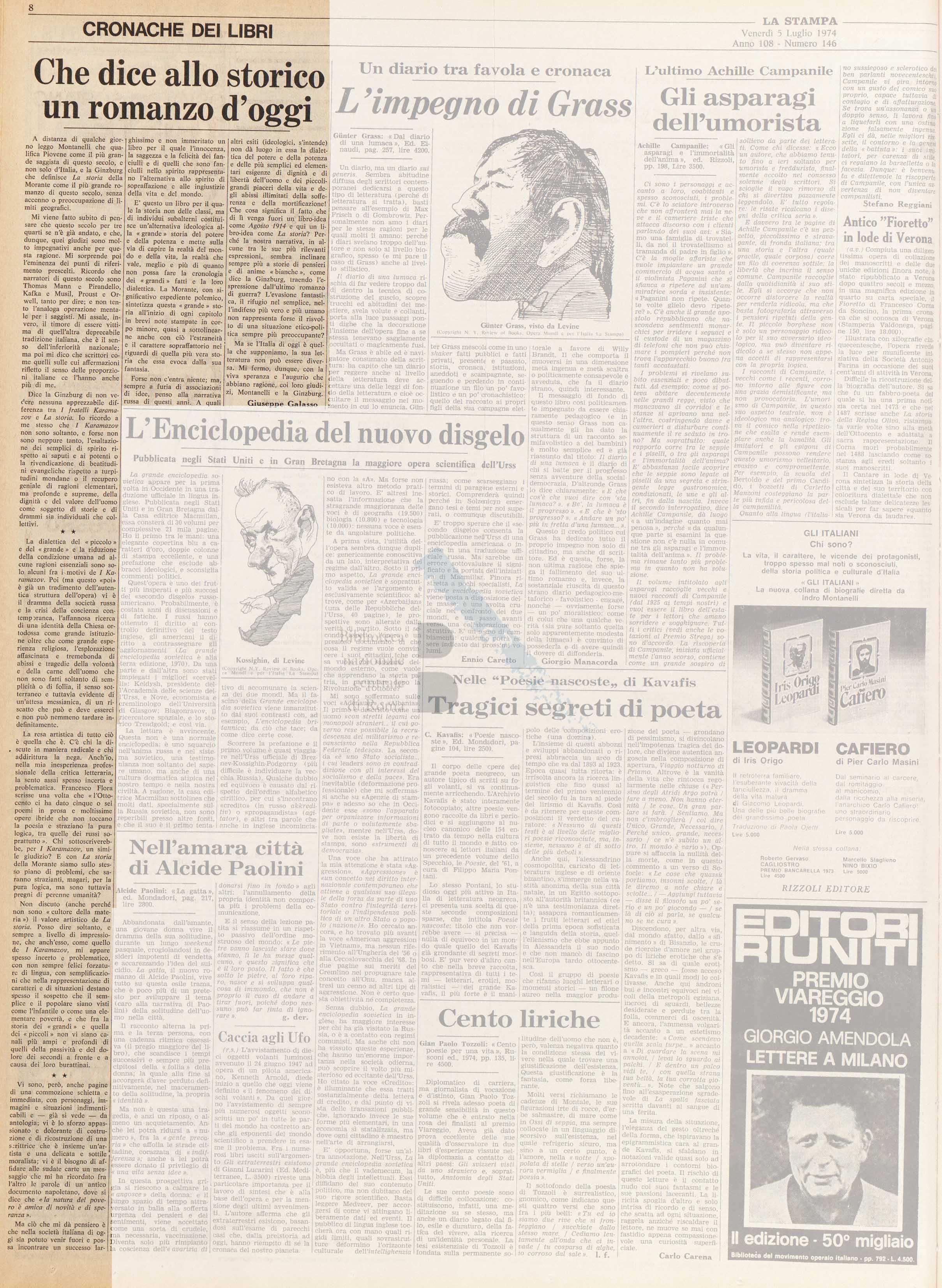 Articolo critico di Gian Carlo Ferretti sul romanzo La Storia di Elsa Morante