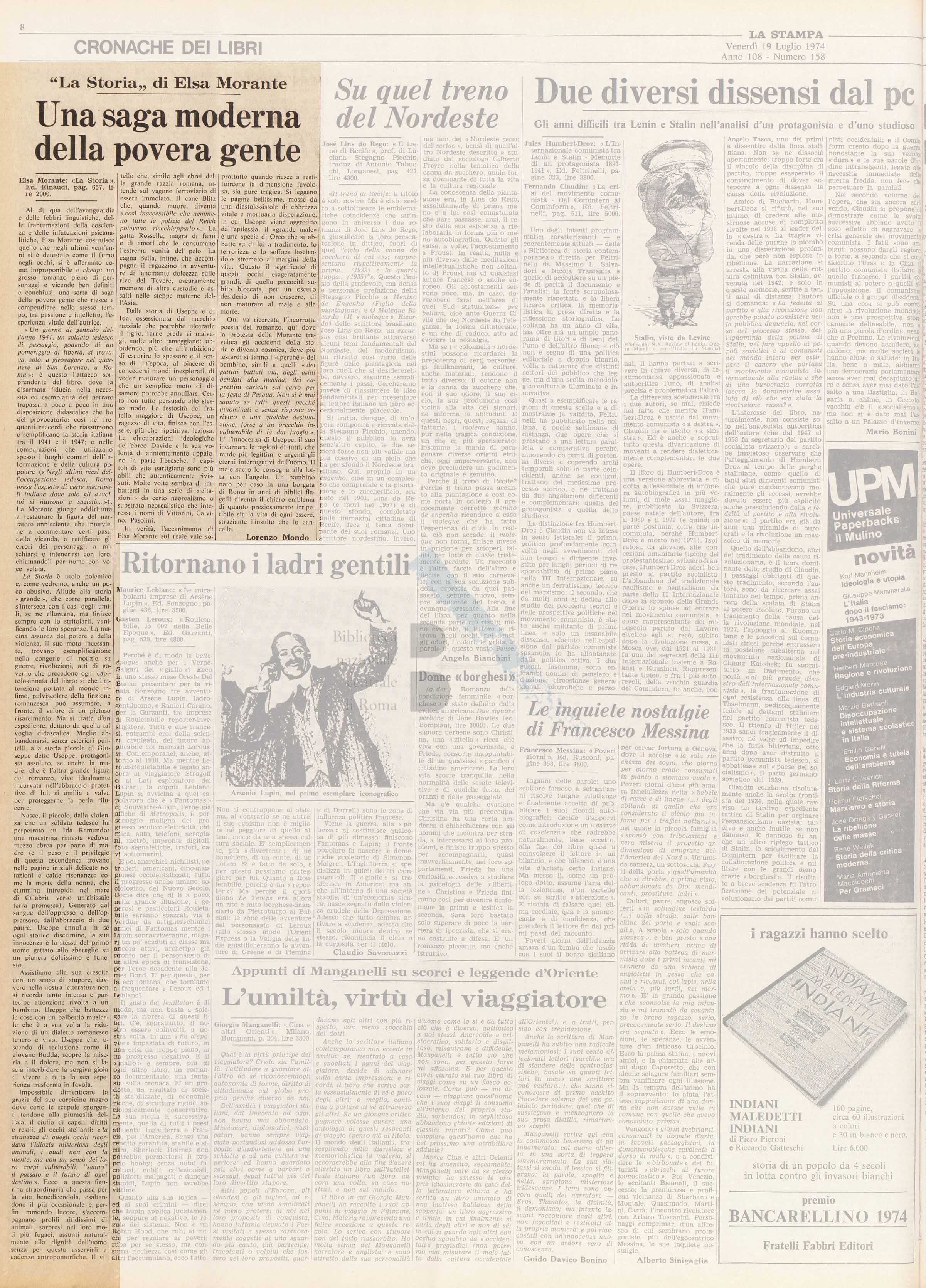 Articolo critico di Lorenzo Mondo sul romanzo La Storia di Elsa Morante