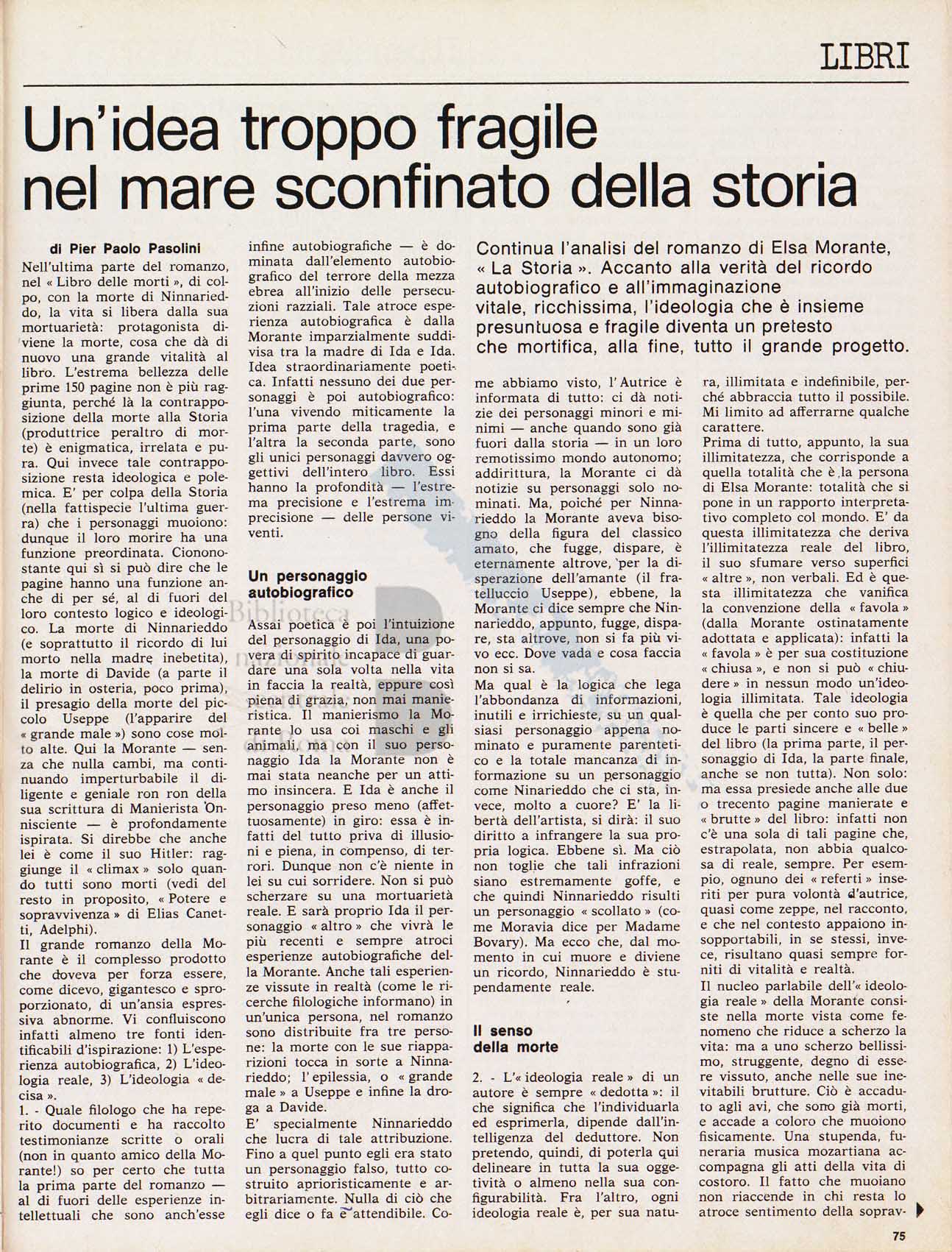Articolo critico di Pier Paolo Pasolini sul romanzo La Storia di Elsa Morante pagina 1 di 2