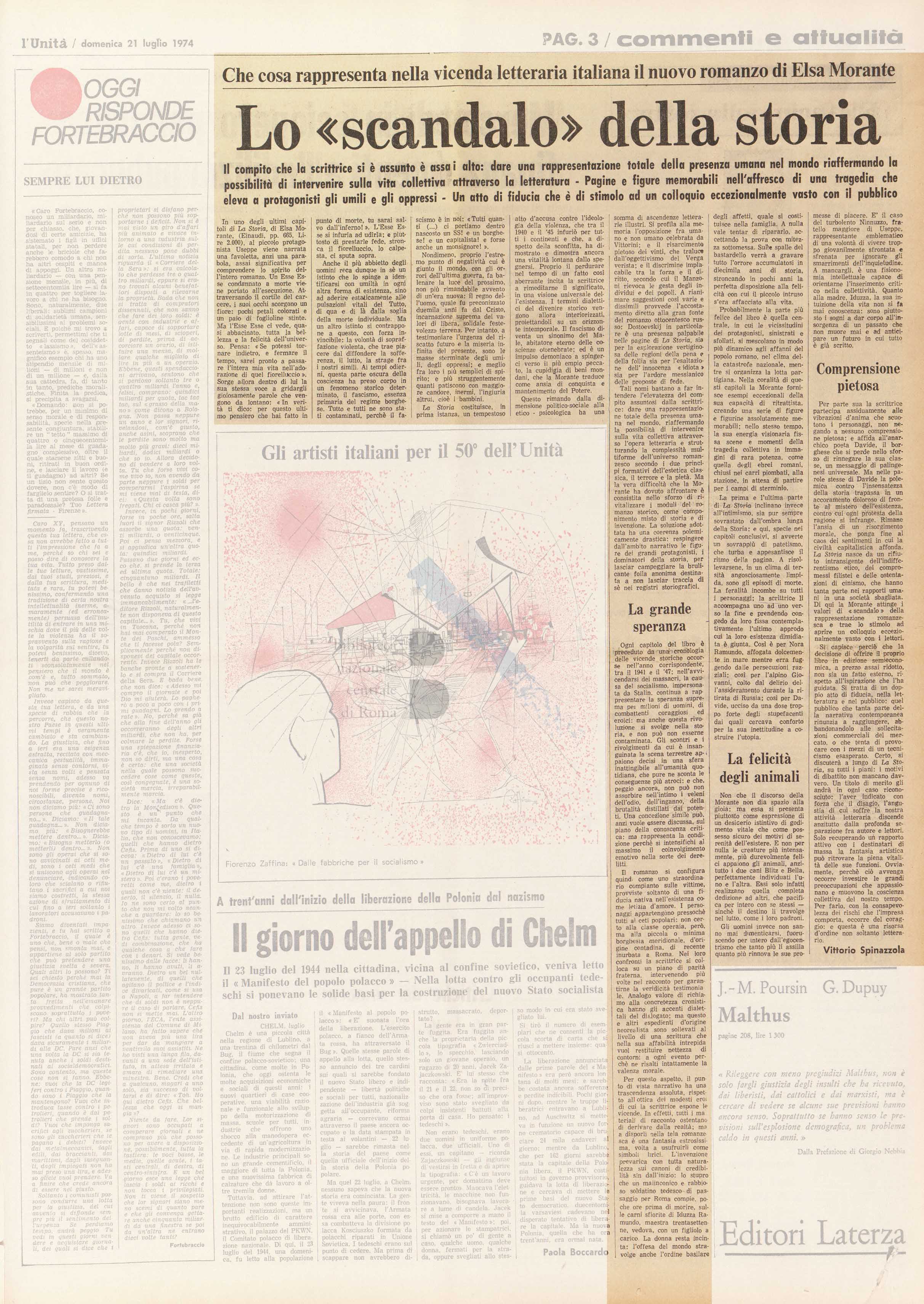 Articolo critico di Vittorio Spinazzola sul romanzo La Storia di Elsa Morante