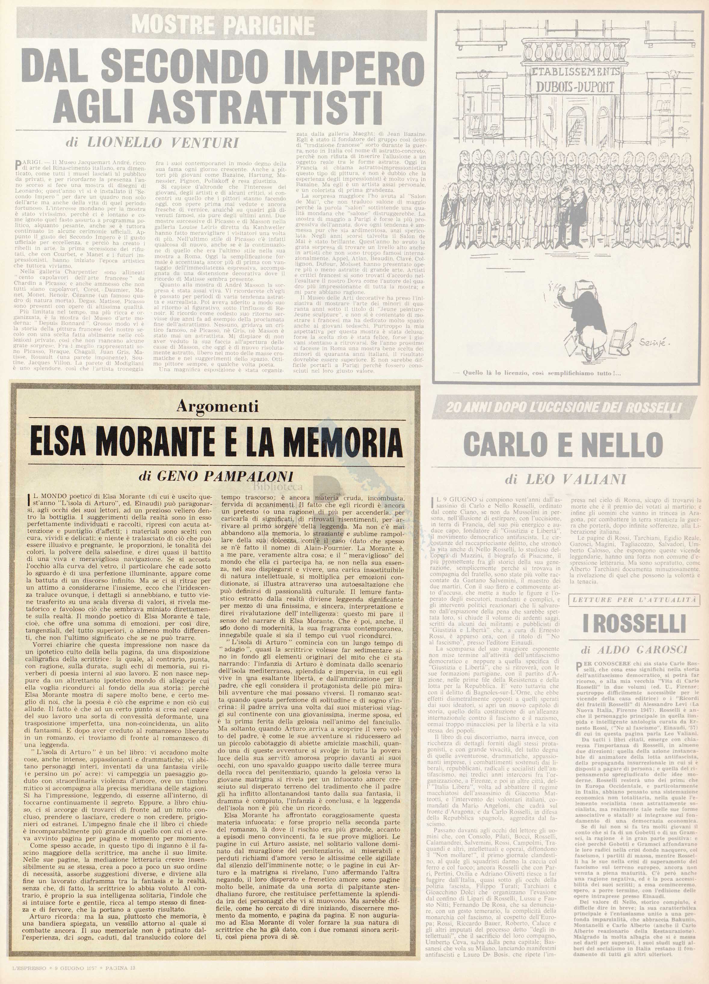 Articolo critico di Geno Pampaloni sul romanzo L'isola d'Arturo di Elsa Morante