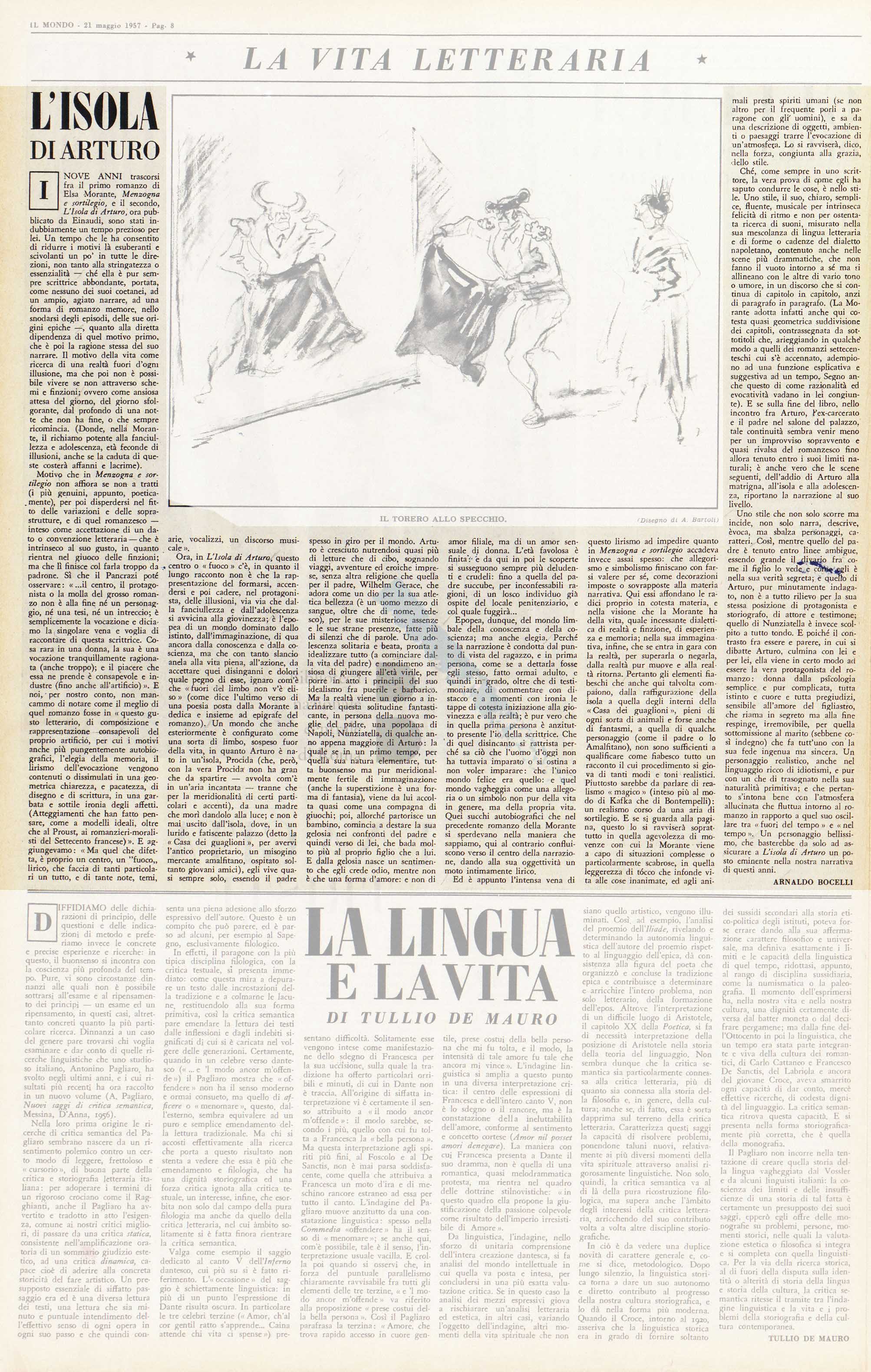 Articolo critico di Geno Pampaloni sul romanzo L'isola d'Arturo di Elsa Morante