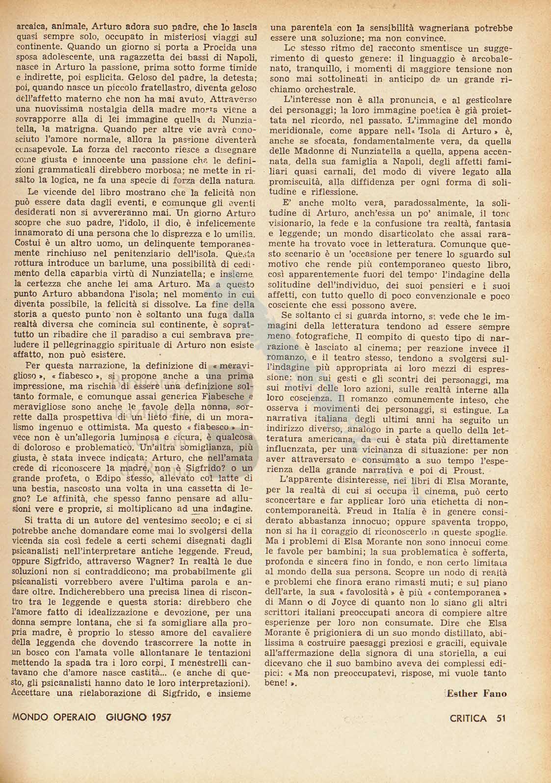 Articolo critico di Esther Fano sul romanzo L'isola d'Arturo di Elsa Morante pagina 2 di 2