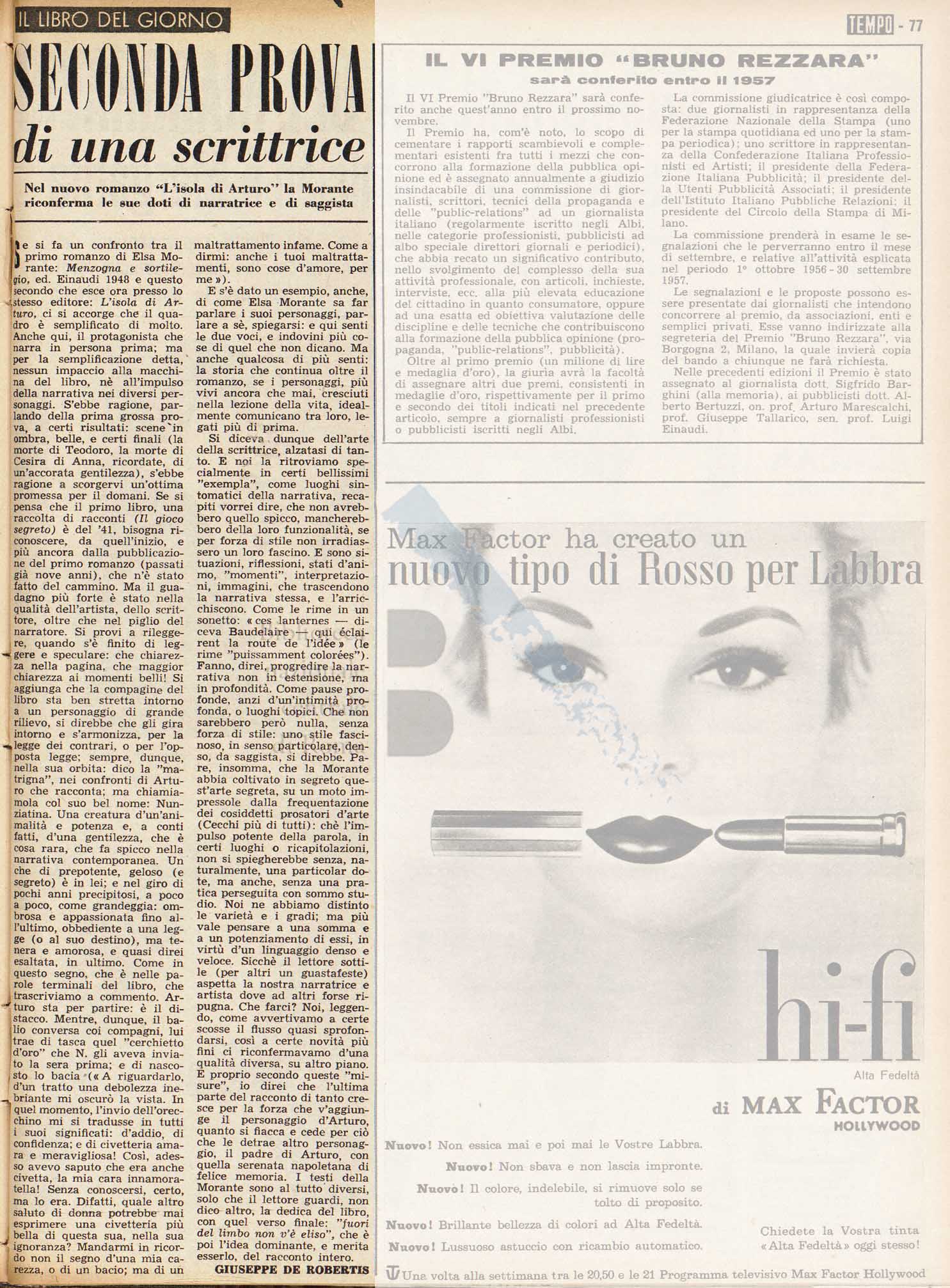 Articolo critico di Giuseppe De Robertis sul romanzo L'isola d'Arturo di Elsa Morante