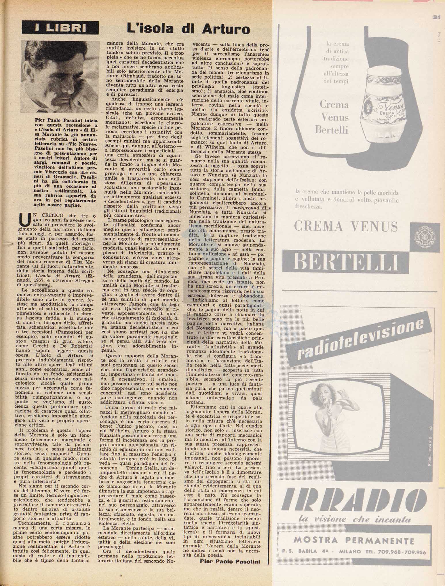 Articolo critico di Pier Paolo Pasolini sul romanzo L'isola d'Arturo di Elsa Morante