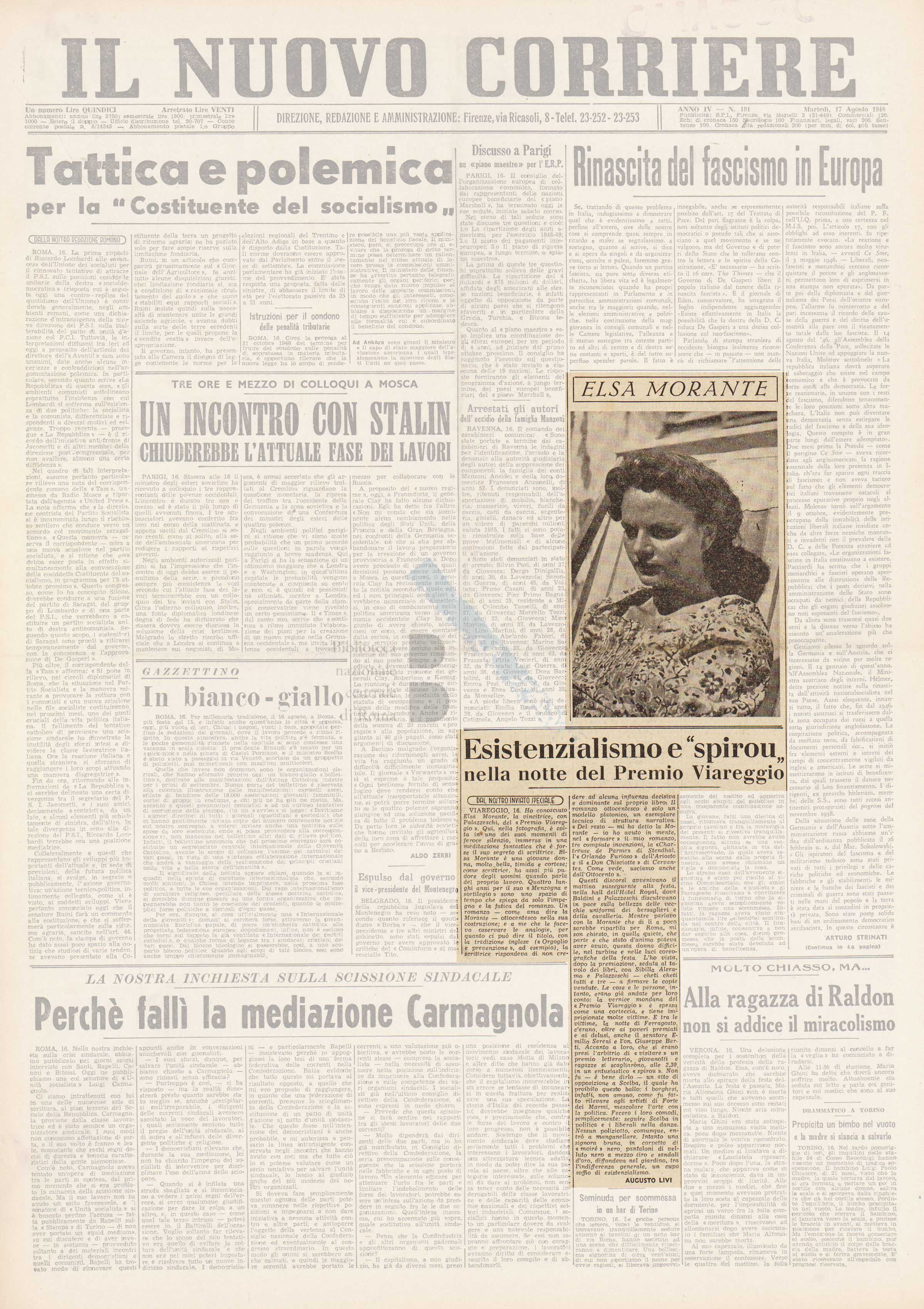 Articolo critico di Augusto Livi sul romanzo Menzogna e sortilegio di Elsa Morante