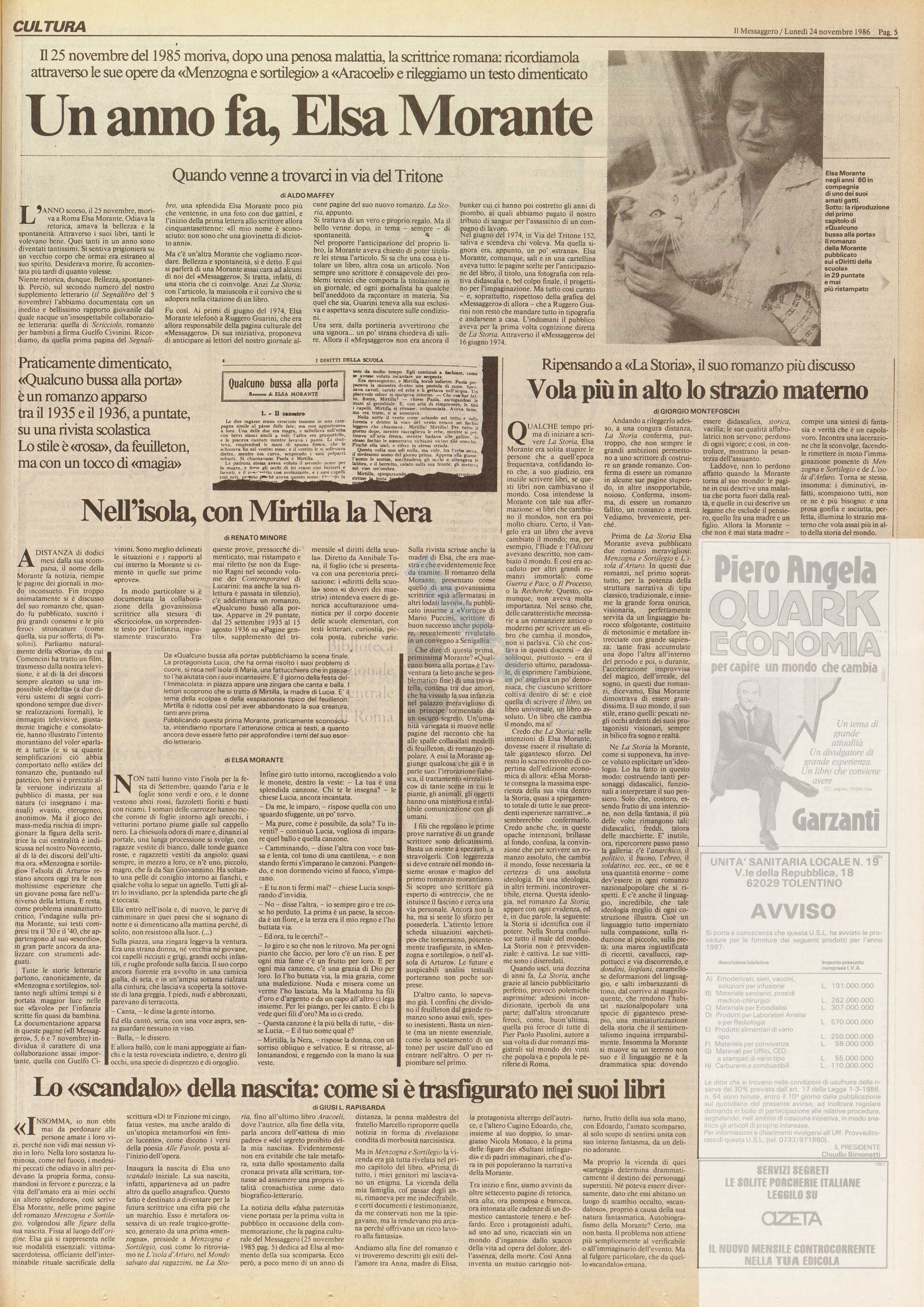 Un anno fa, Elsa Morante. Nell'isola, con Mirtilla la nera